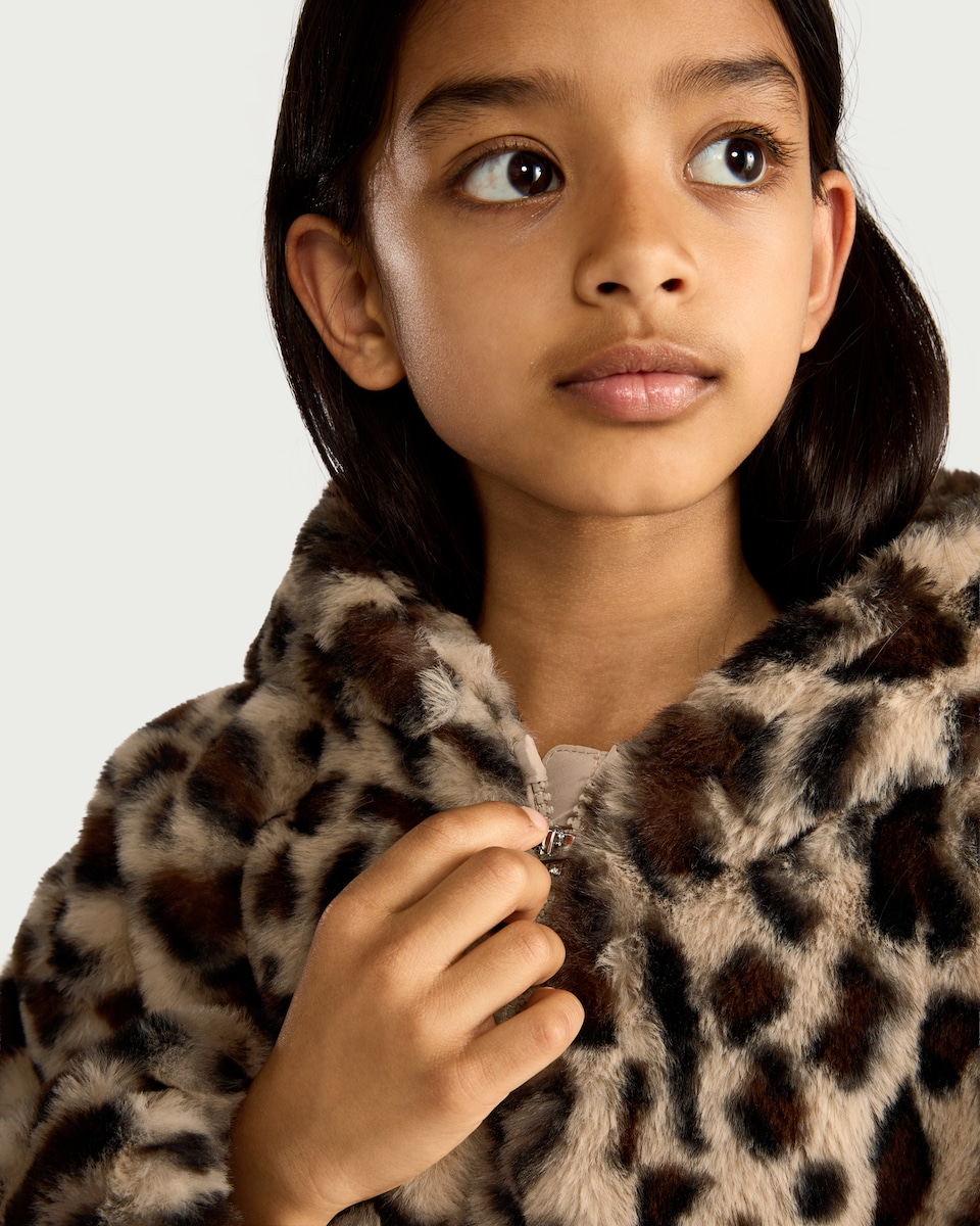 image 1 of F&F Girls Faux Fur Leopard Print Jacket in Multi Brown