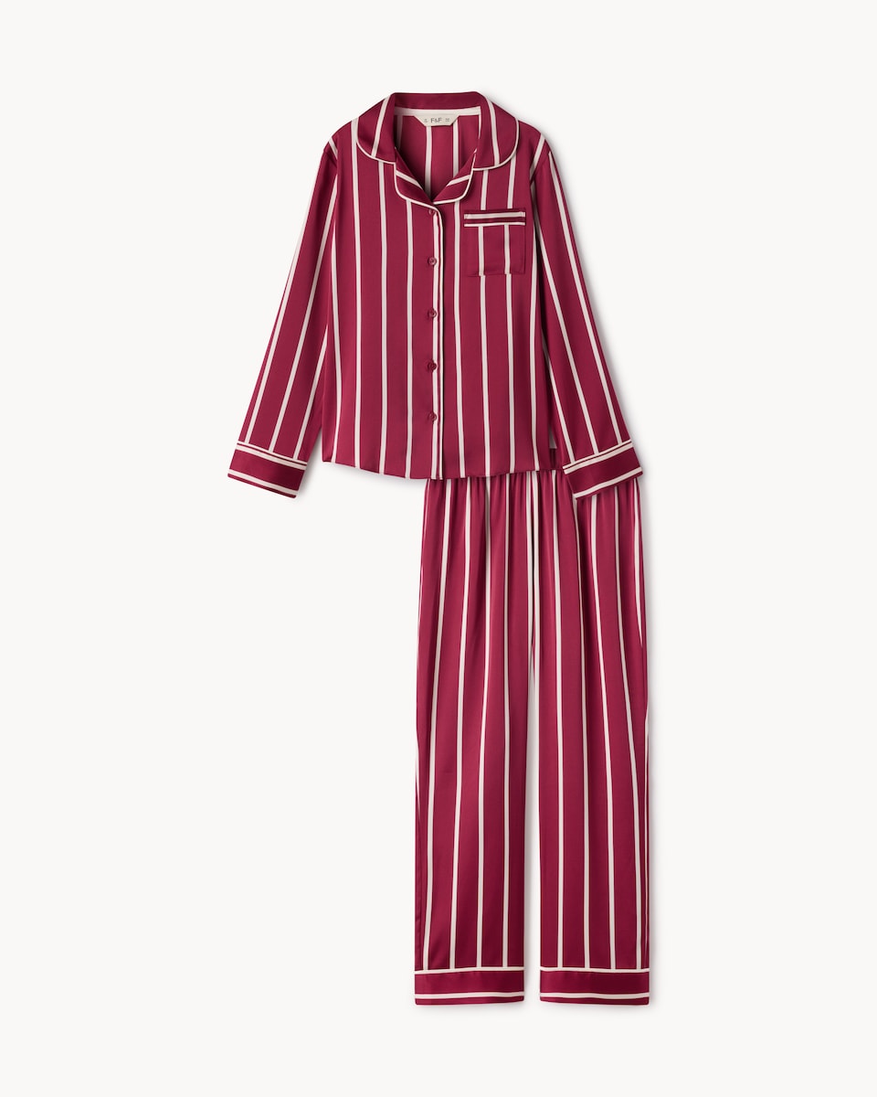 image 1 of F&F Girls Satin Striped Revere Pyjama Set in Red
