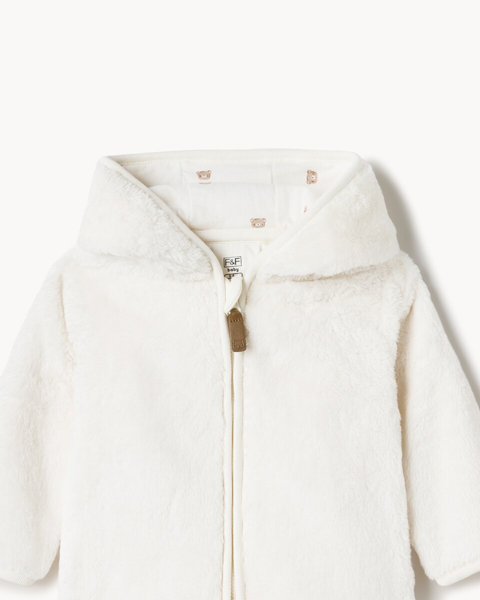 image 1 of F&F Baby Fleece Hooded Pramsuit in White