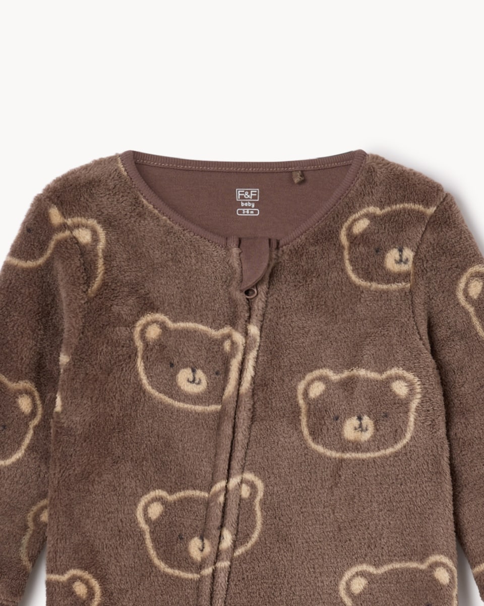 image 1 of F&F Baby Bear Printed Fleece Sleepsuit in Brown
