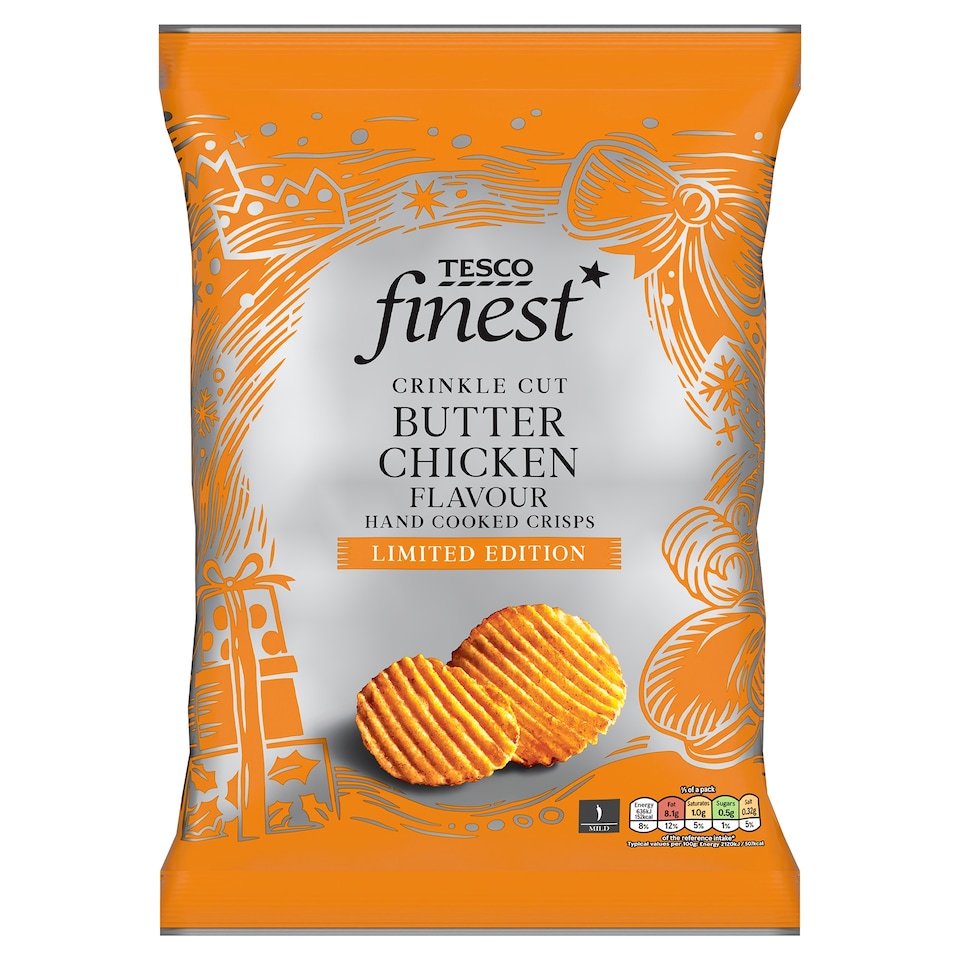 Tesco Finest limited Edition Butter Chicken Flavour Crinkle Cut Potato Crisps 150g