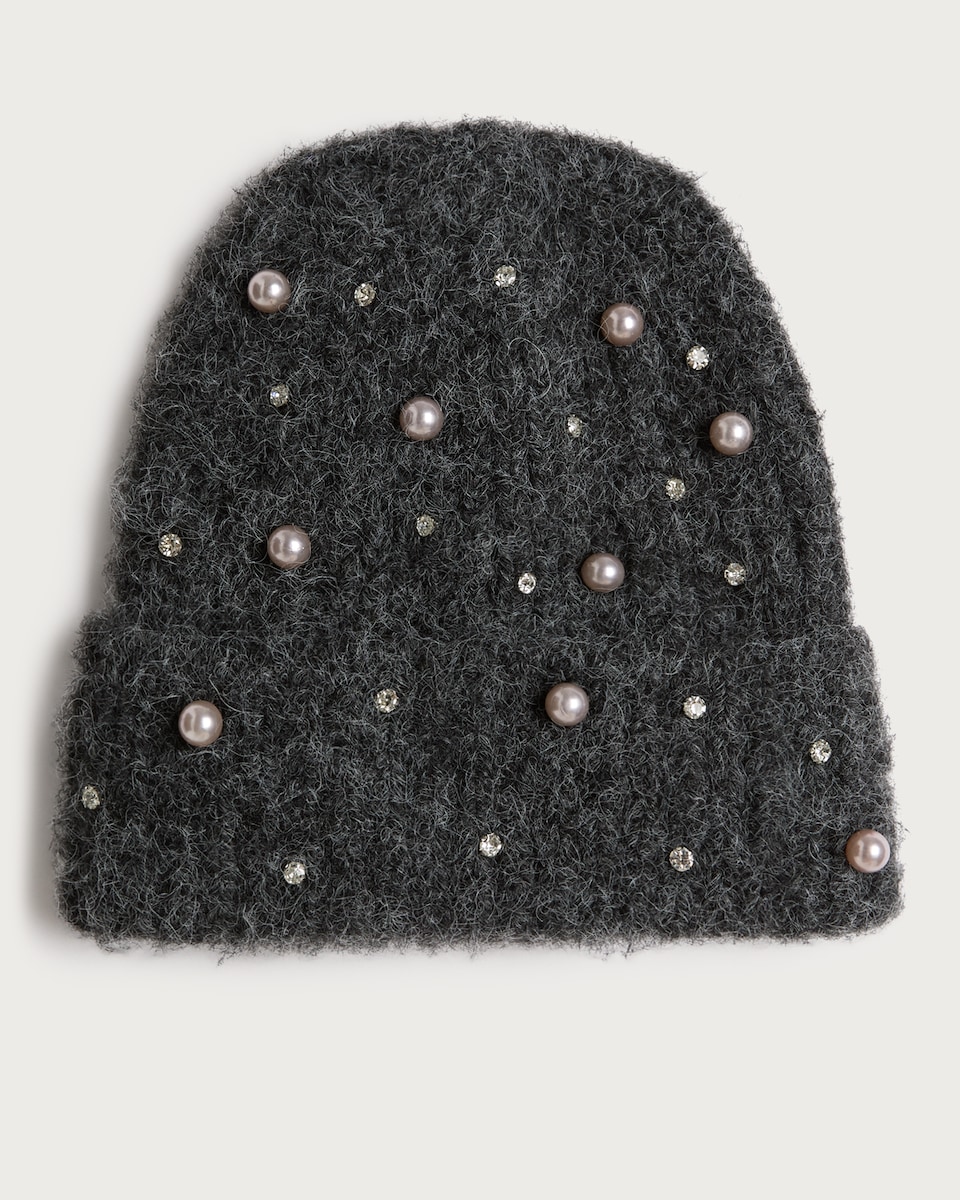 image 1 of F&F Knitted Diamanté Embellished Faux Pearl Beanie Hat with Wool in Grey