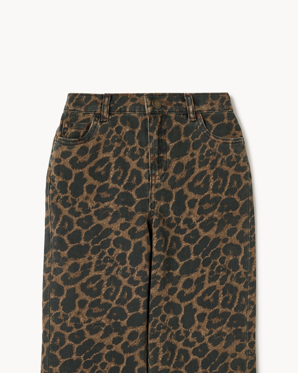 image 1 of F&F Girls Pure Cotton Leopard Print Wide Leg Jeans in Brown