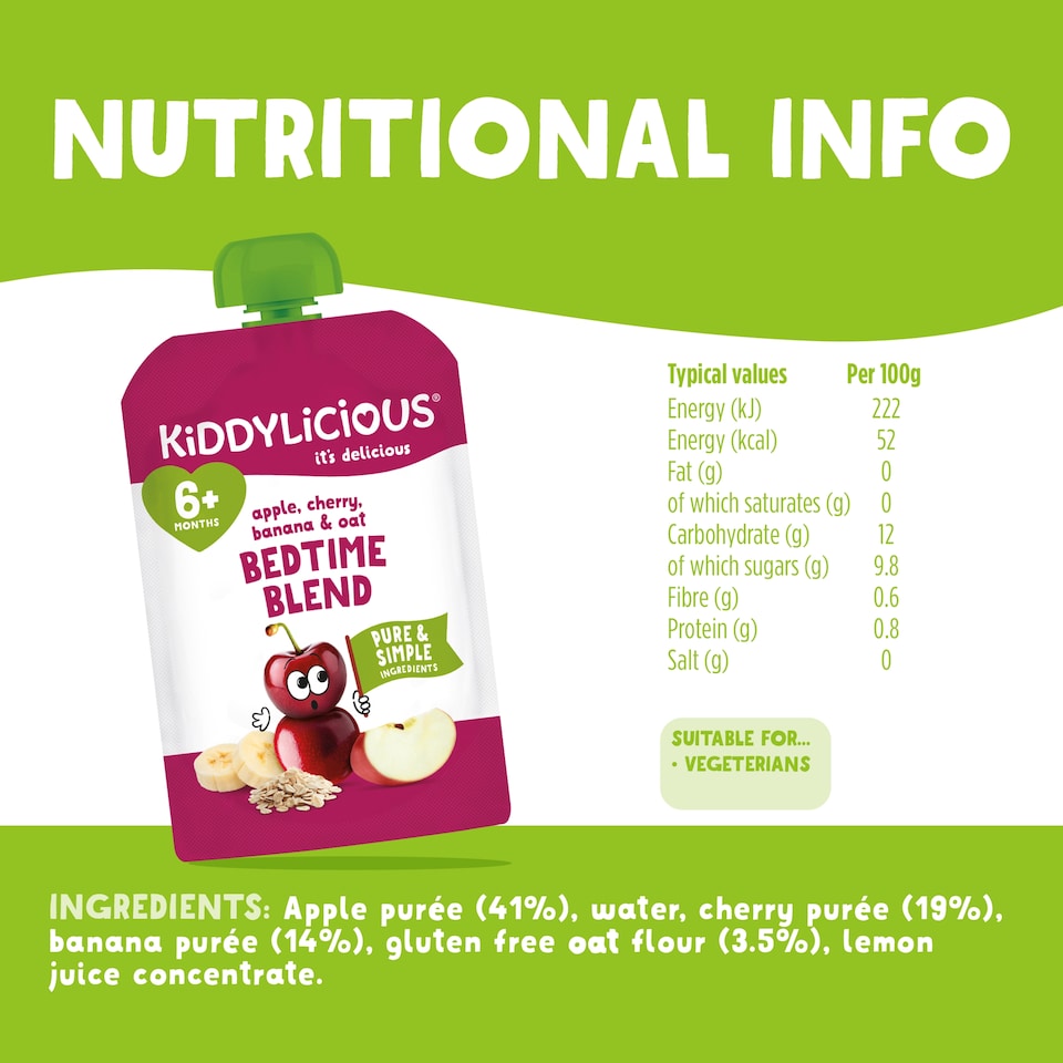 image 1 of Kiddylicious Apple, Cherry, Banana & Oat Bedtime Blend 4x100g