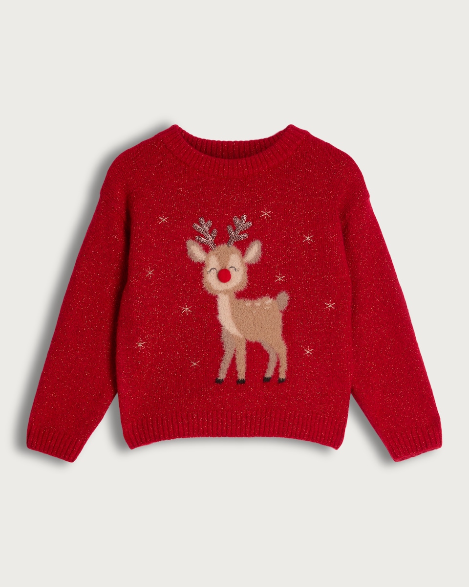 image 1 of F&F Girls Knitted Reindeer Christmas Print Jumper in Pink