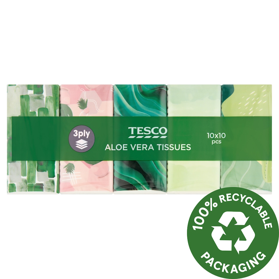 Tesco Papierové vreckovky parfumované aloe vera 3 vrstvy 10 x 10 ks