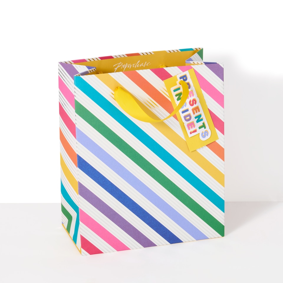 image 1 of Paperchase Rainbow Silver Foiled Stripe Medium Gift Bag