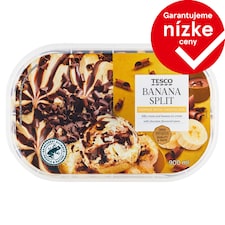 Tesco Mrazený krém s banánovou príchuťou s polevou s čokoládovou príchuťou a kúskami čokolády 900 ml
