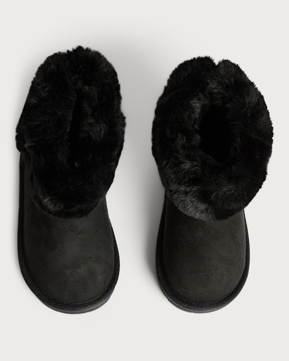 image 1 of F&F Girls Faux Fur Trim Boot Slippers in Black