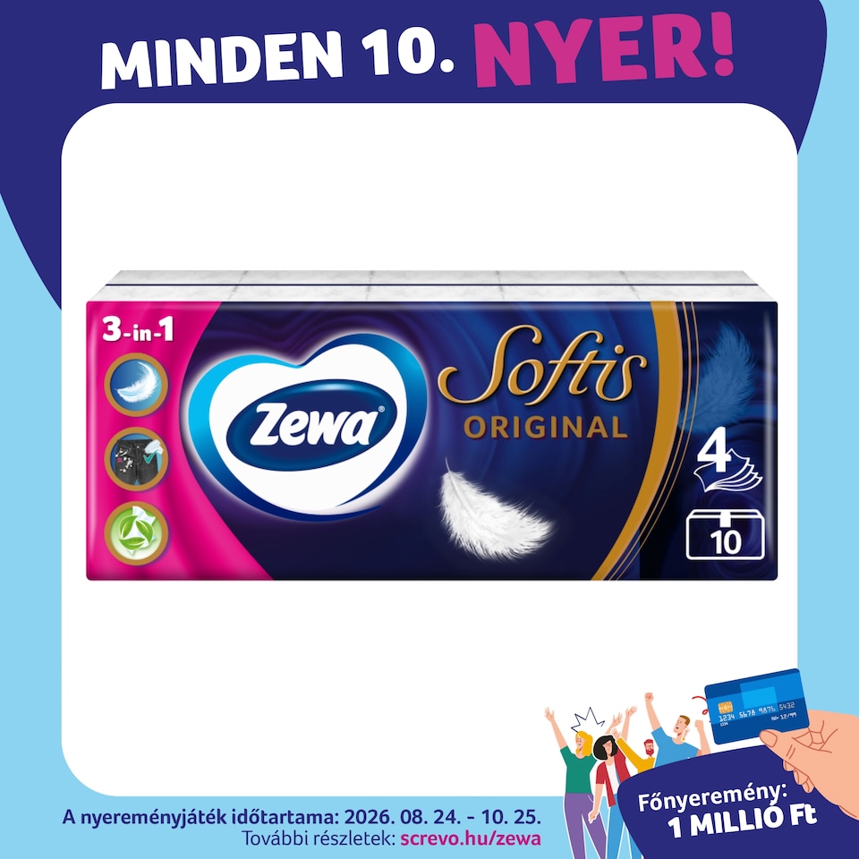 Zewa Softis Original illatmentes papír zsebkendő 4 rétegű 10 x 9 db  1. kép