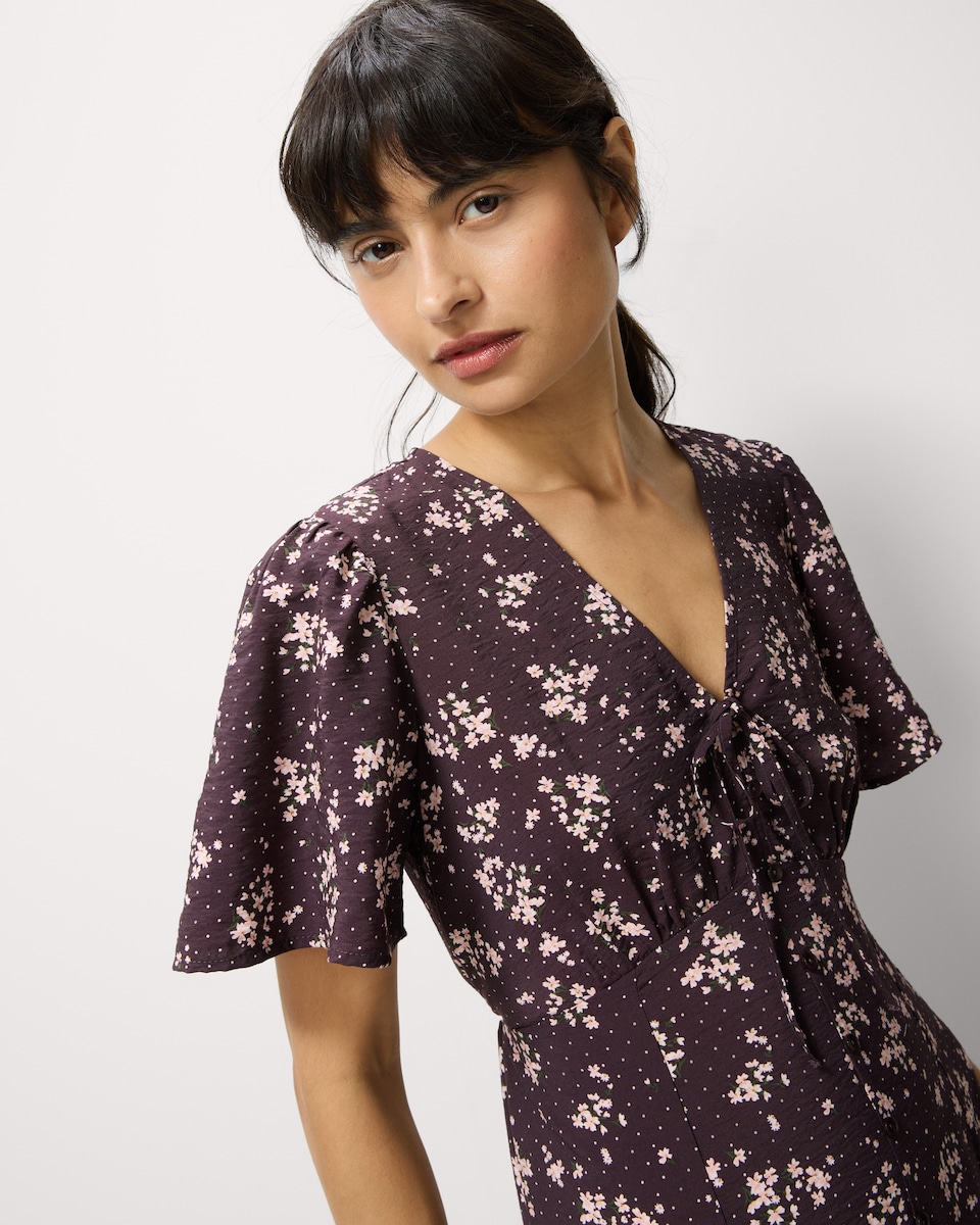 image 1 of F&F Printed V Neck Midi Dress in Multi Brown