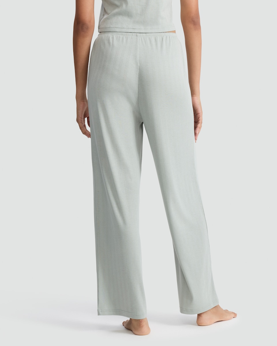 image 1 of Rise by Zara McDermott Pointelle Wide Leg Loungewear Trousers in Green