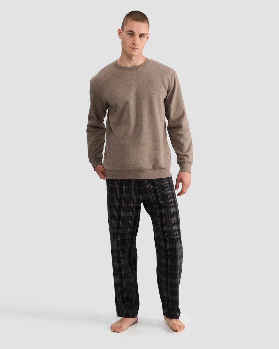image 1 of F&F Cotton Rich Sweatshirt and Check Print Bottom Pyjamas in Grey