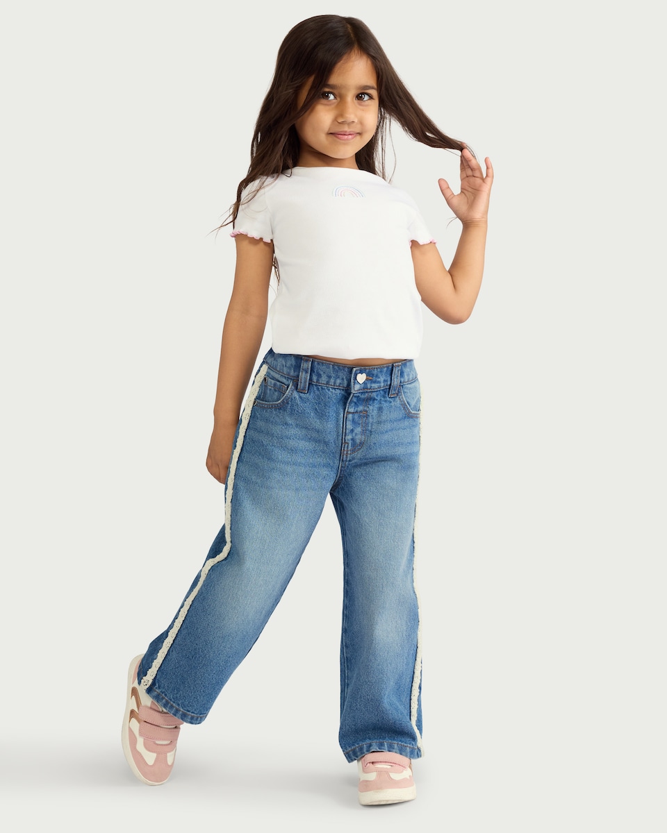 image 1 of F&F Girls Pure Cotton Lace Trim Jeans in Blue