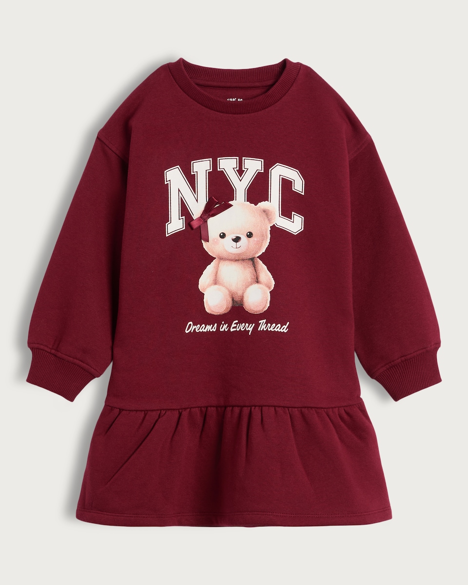image 1 of F&F Girls Cotton Rich NYC Teddy Bear Sweatshirt Dress in Burgundy