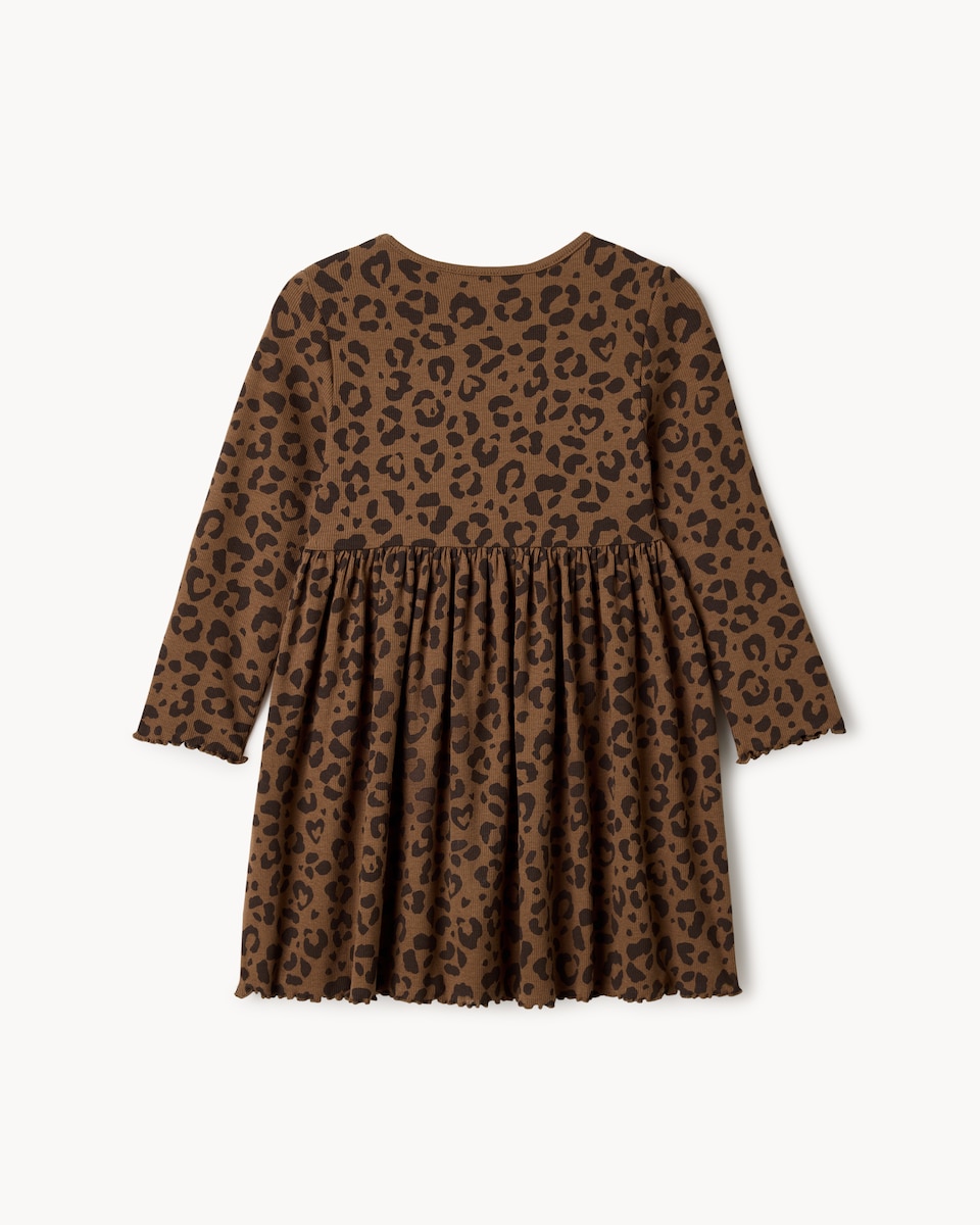 image 1 of F&F Girls Cotton Rich Ribbed Leopard Print Dress in Multi Brown