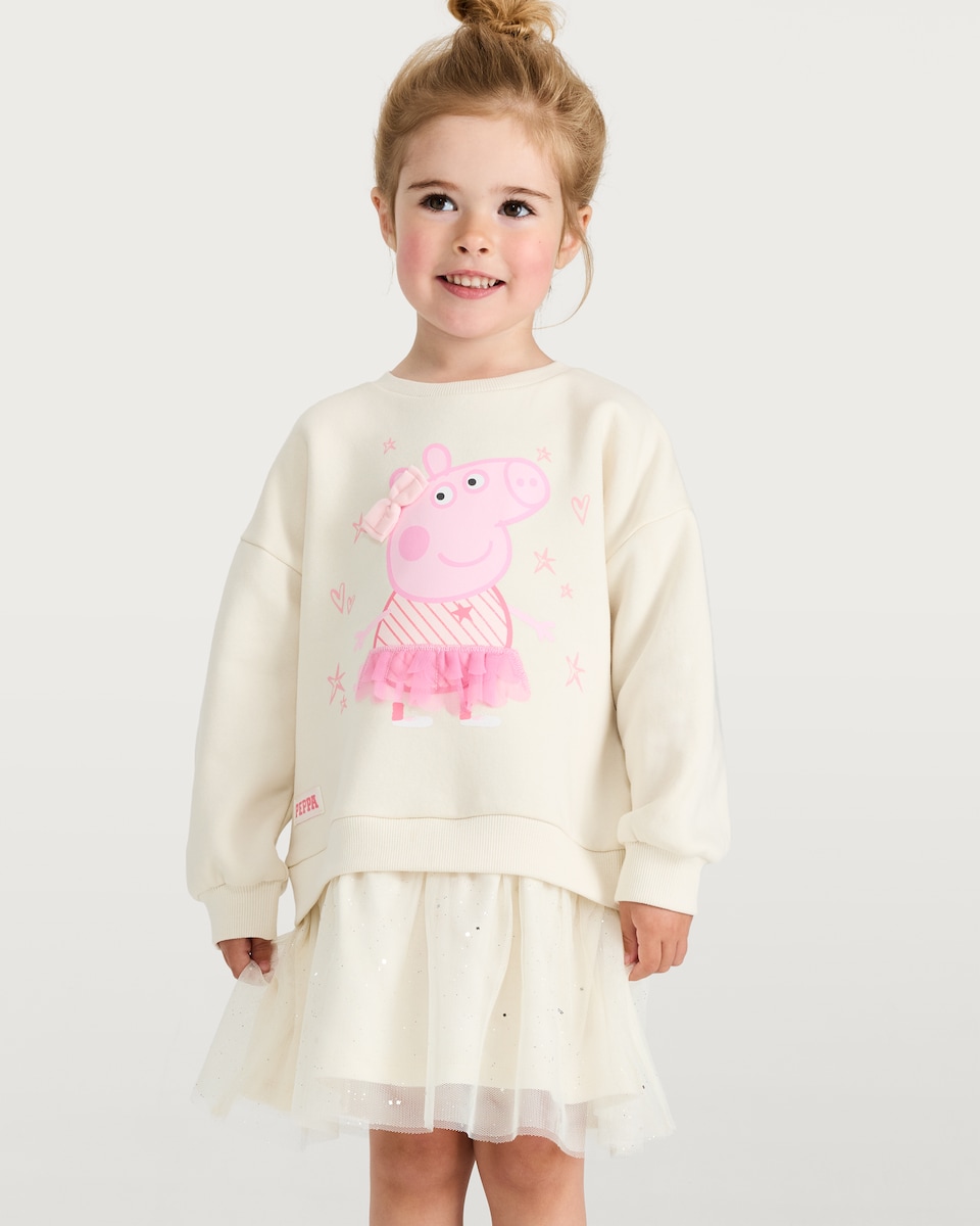 image 1 of Peppa Pig Cotton Rich Tulle Hem Sweatshirt Dress in Cream