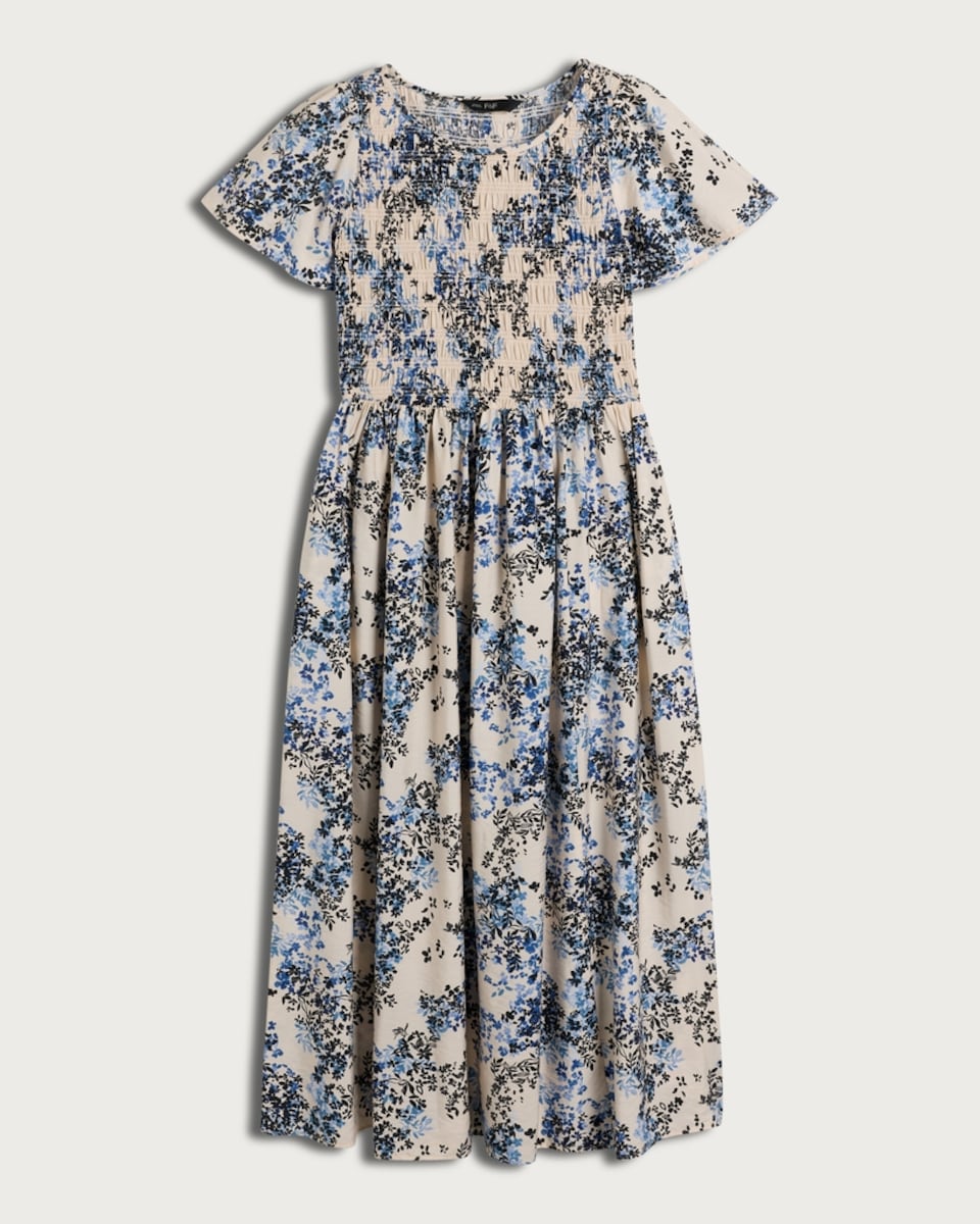 image 1 of F&F Floral Print Shirred Angel Sleeved Midi Dress in Multi Blue
