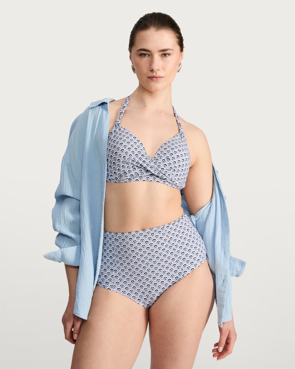 image 1 of F&F High Waist Geometric Print Bikini Bottoms in Blue