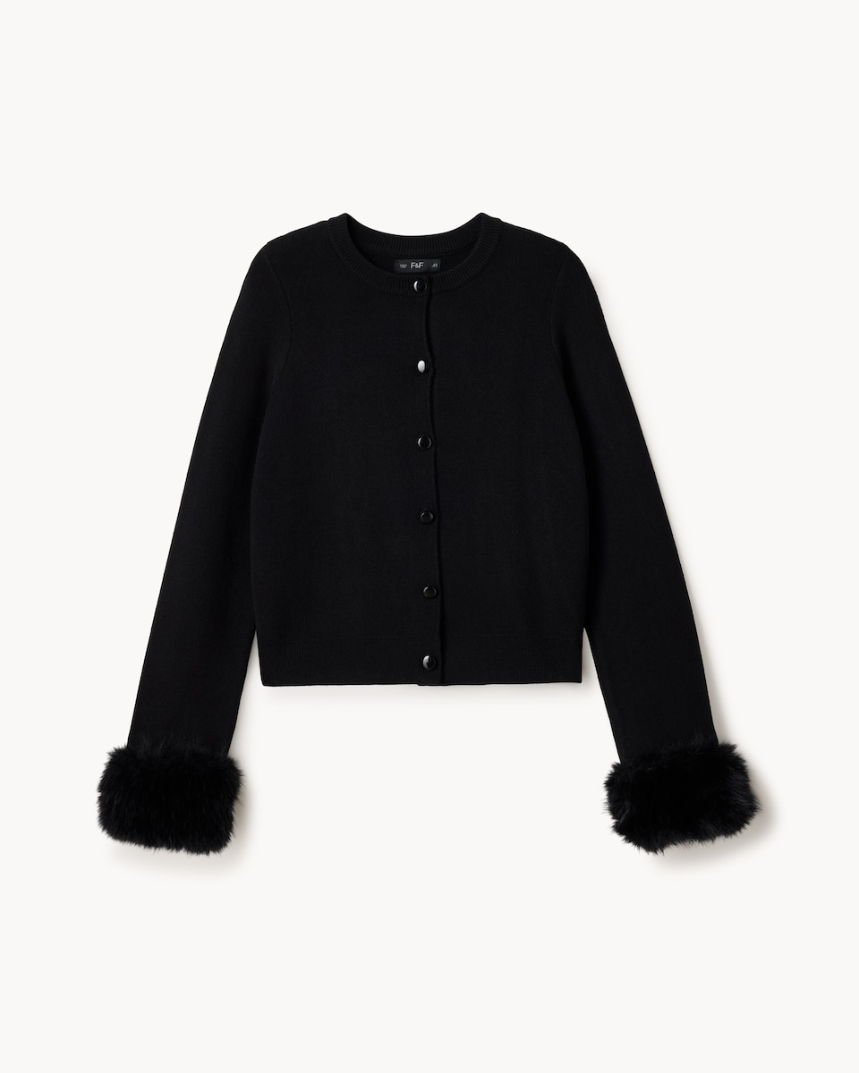 image 1 of F&F Faux Fur Cuff Cardigan in Black