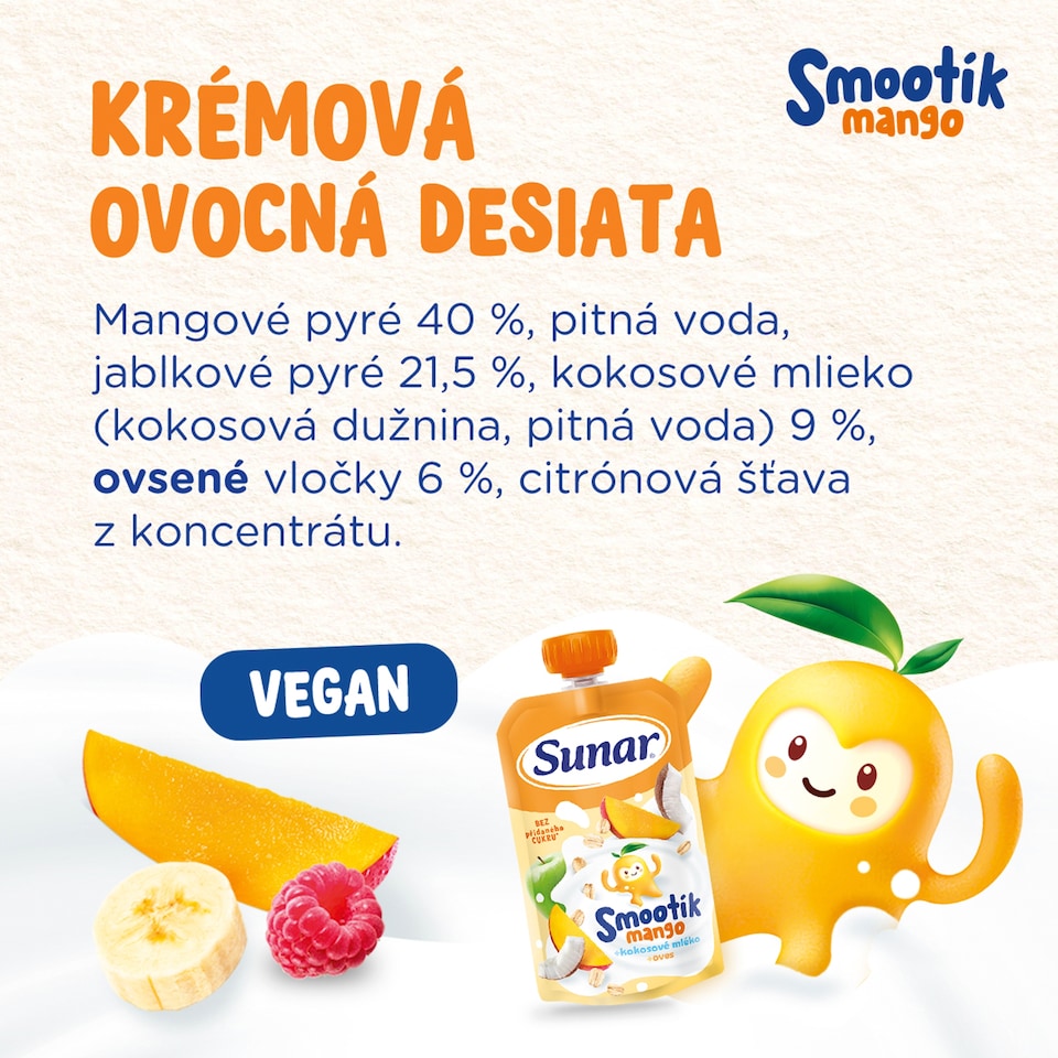 image 1 of Sunar Smootík detská kapsička mango, kokosové mlieko, ovsené vločky 12m+, 120 g
