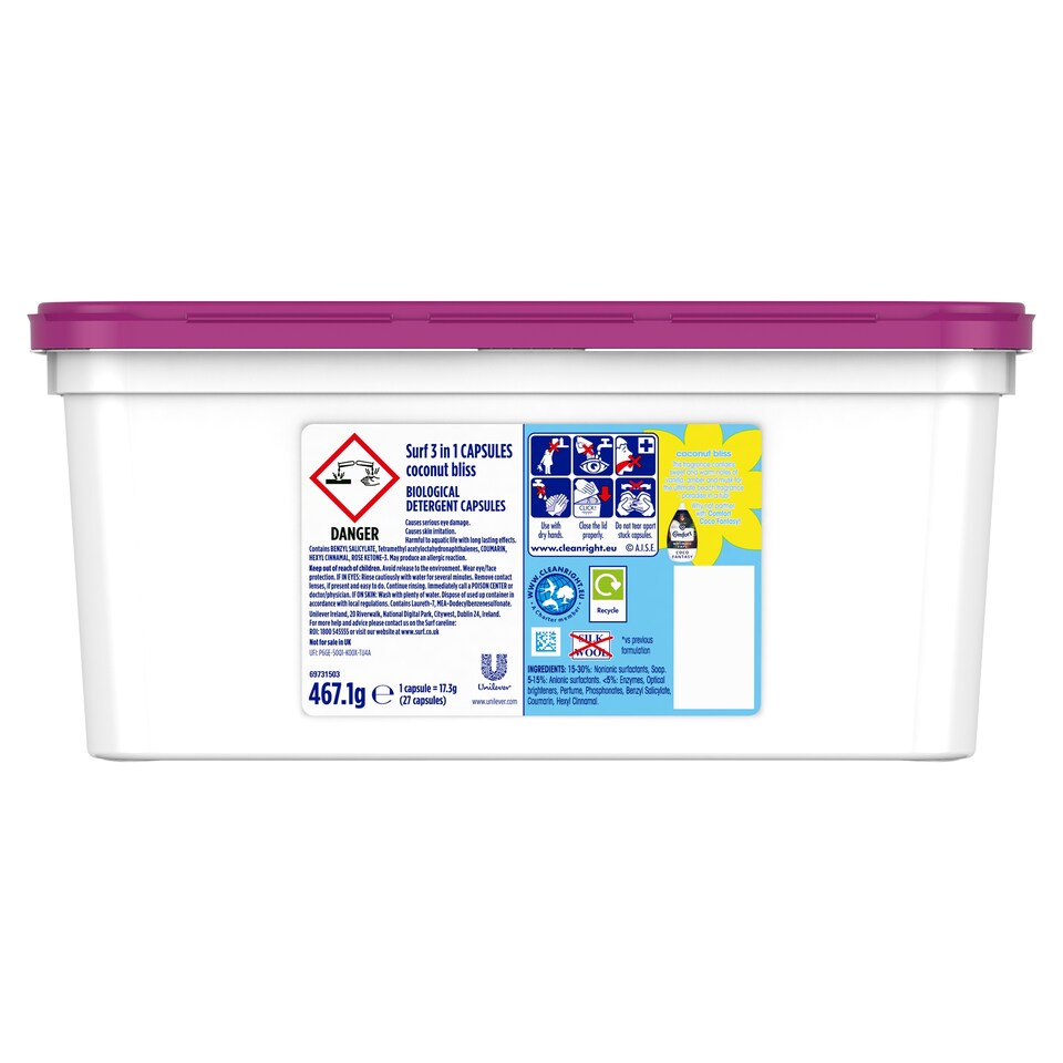 image 1 of Surf 3In1 Coconut Bliss Dtrg Capsules 27 Washes 467.1G