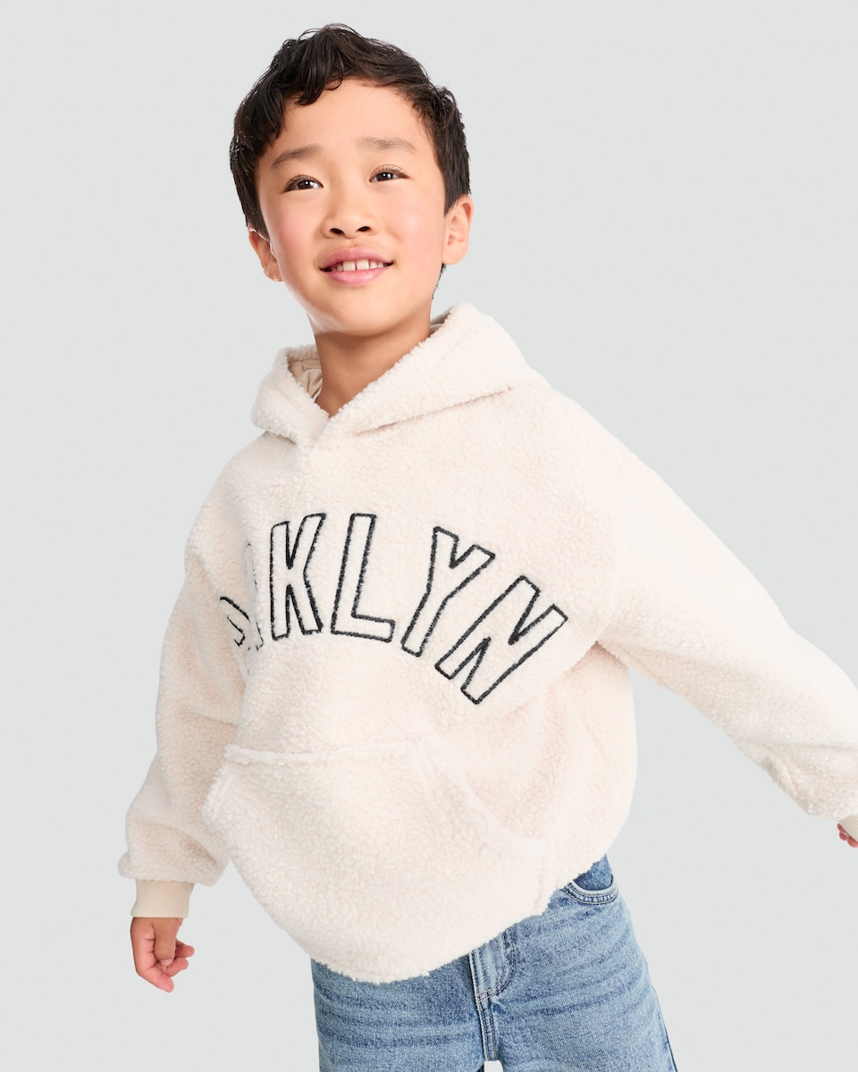 image 1 of F&F Boys Borg Textured Slogan Hoodie in Cream