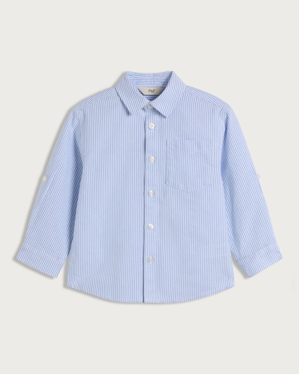 image 1 of F&F Boys Pure Cotton Striped Long Sleeved Shirt in Blue