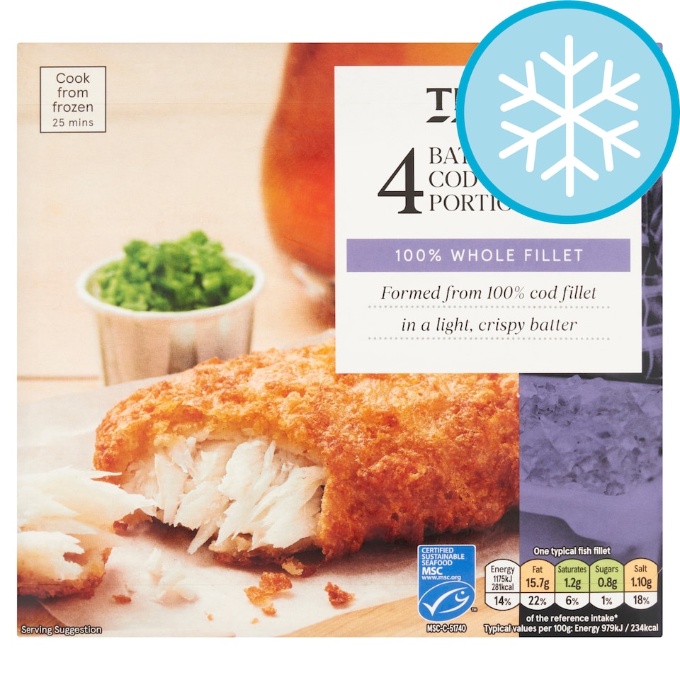 Tesco 4 Battered Cod Fillets 500G