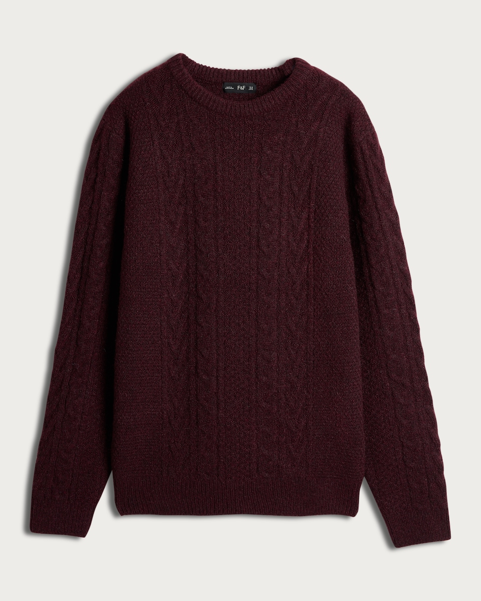 image 1 of F&F Crew Neck Cable Knit Jumper in Burgundy
