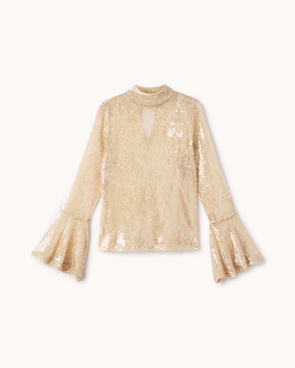 image 1 of F&F Sequin Lace High Neck Blouse in Neutral