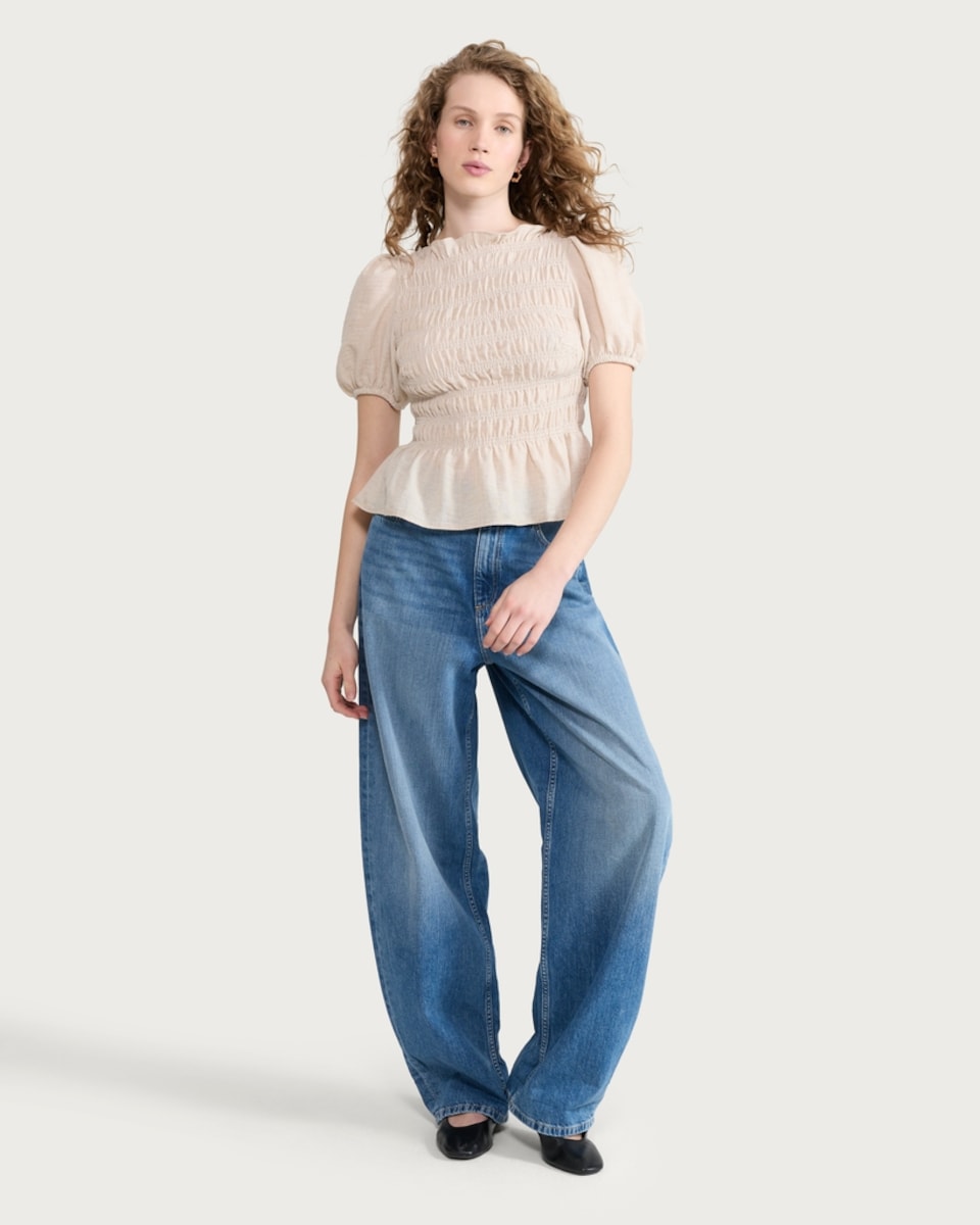 image 1 of F&F Shirred Peplum Puff Sleeved Blouse in Neutral