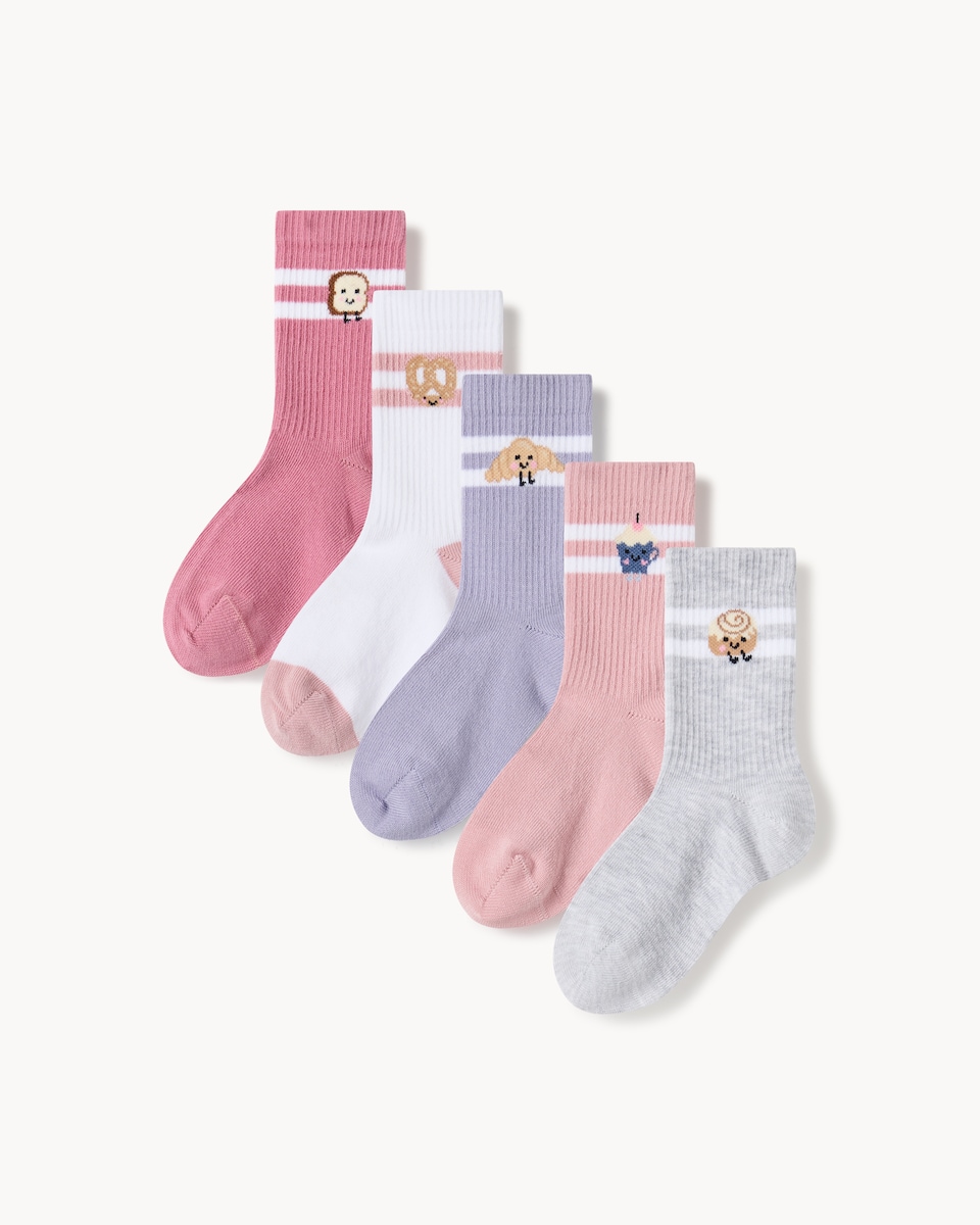 F&F Girls 5-Pack Cotton Blend Ribbed Food Ankle Socks in Multi