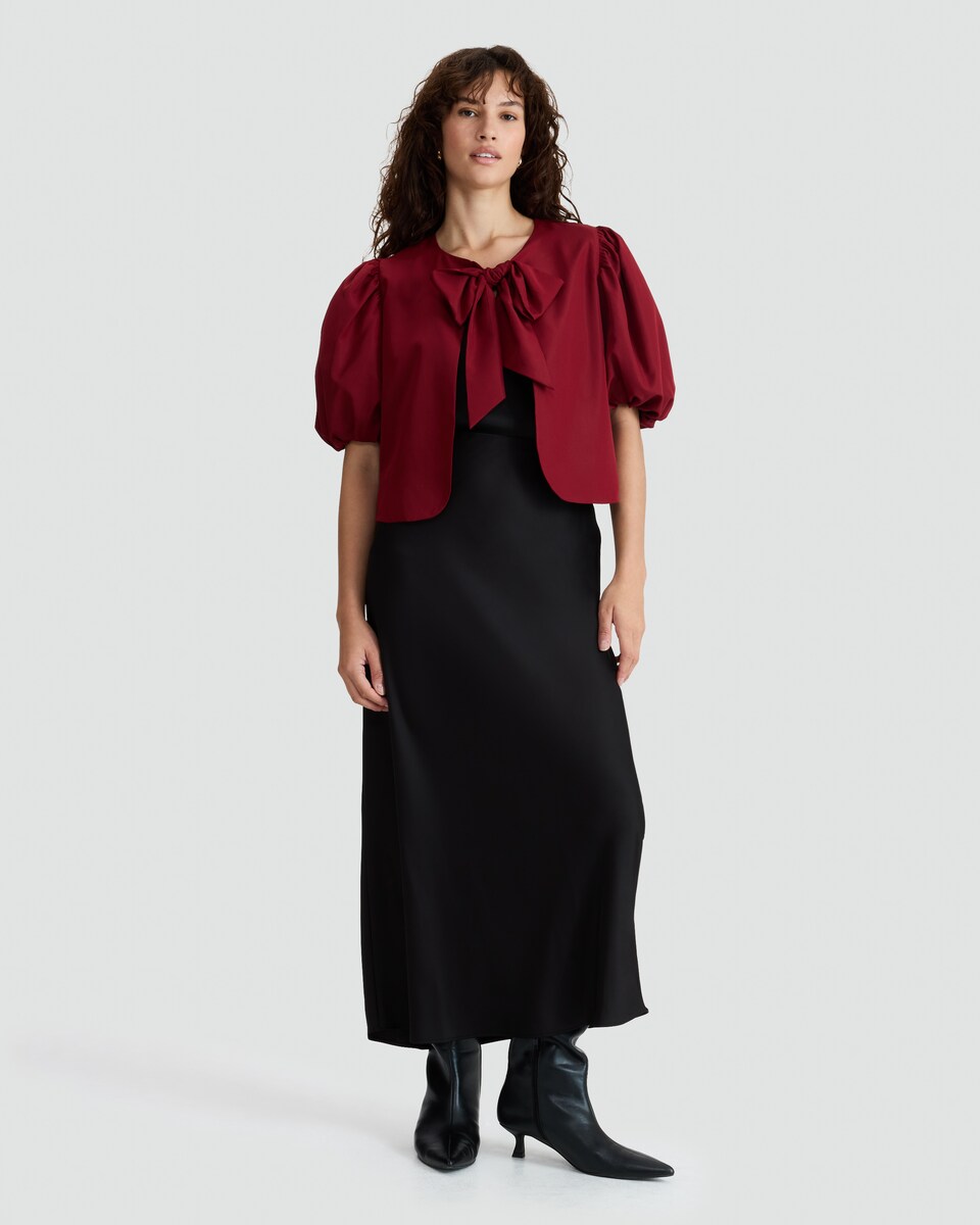 image 1 of F&F Puff Sleeved Bow Accent Blouse in Red