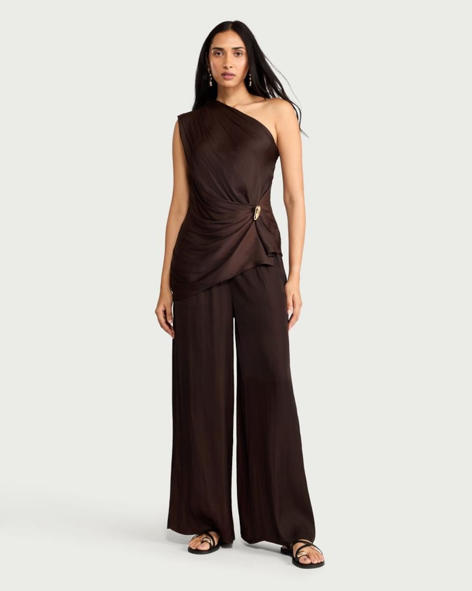 image 1 of The F&F Edit Satin Wide Leg Co-ord Trousers in Chocolate