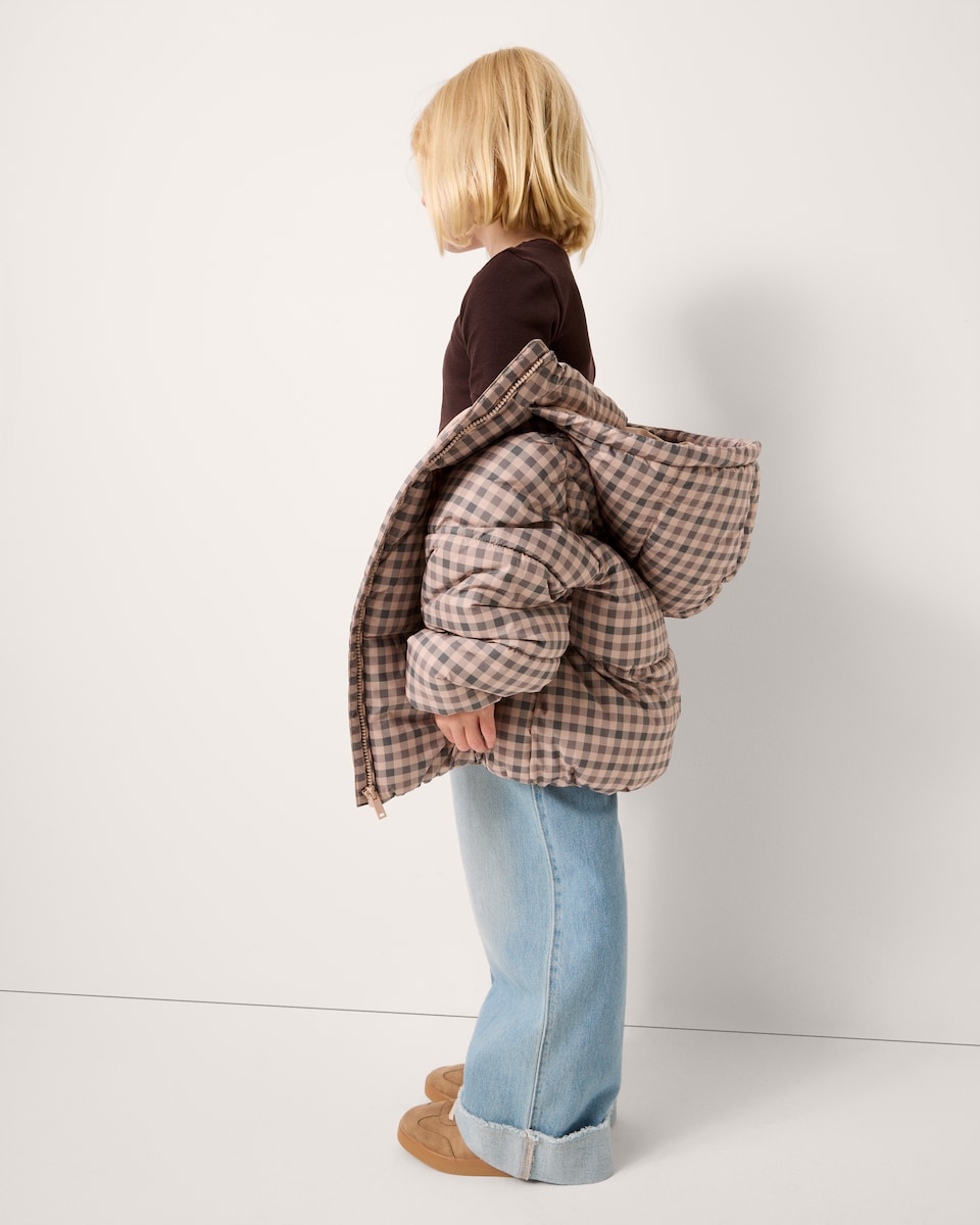 image 1 of F&F Girls Check Shower Resistant Puffer Jacket in Brown