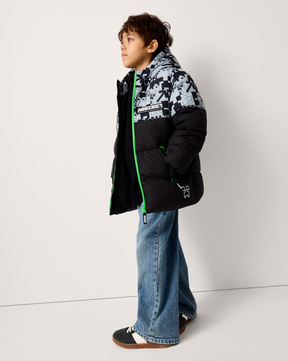 image 1 of Minecraft Printed Zip Up Puffer Coat in Black