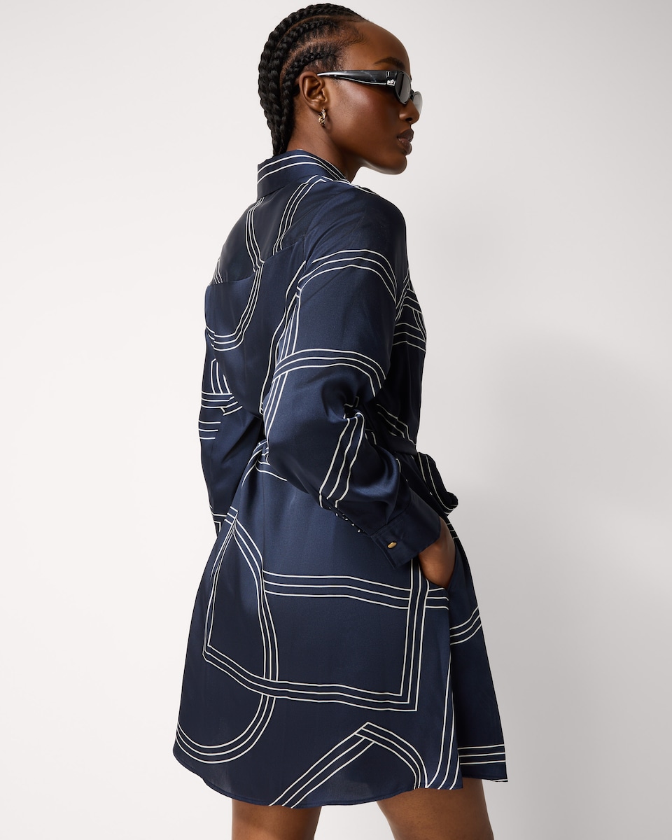 image 1 of F&F Abstract Print Shirt Mini Dress in Navy