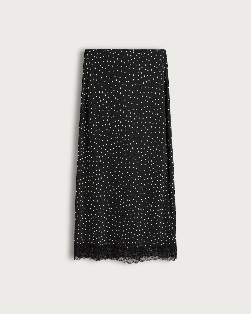 image 1 of F&F Lace Hem Polka Dot Midi Skirt in Multi Black