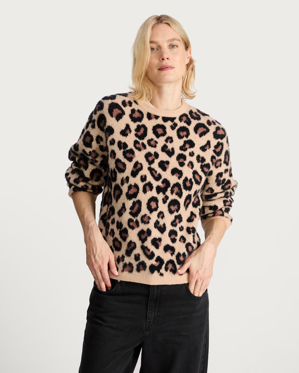 image 1 of F&F Animal Print Long Sleeved Jumper in Brown