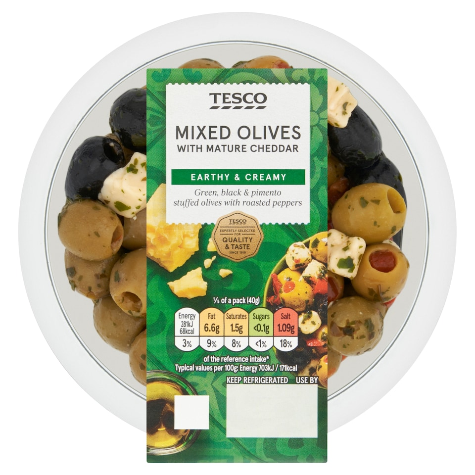 Tesco Mixed Olives With Mature Cheddar 200g