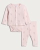 image 1 of Peter Rabbit Jemima Puddle Duck 3-Piece Pointelle Cardigan, Bodysuit and Leggings Set in Pink