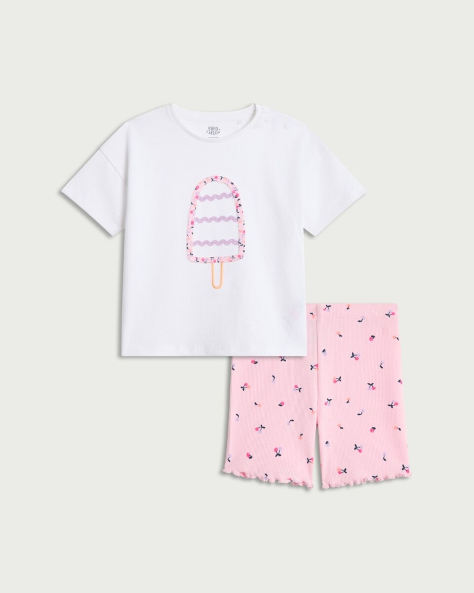 image 1 of F&F Baby 2-Piece Cotton Rich Ice Lolly Embroidered T-Shirt and Shorts Set in White