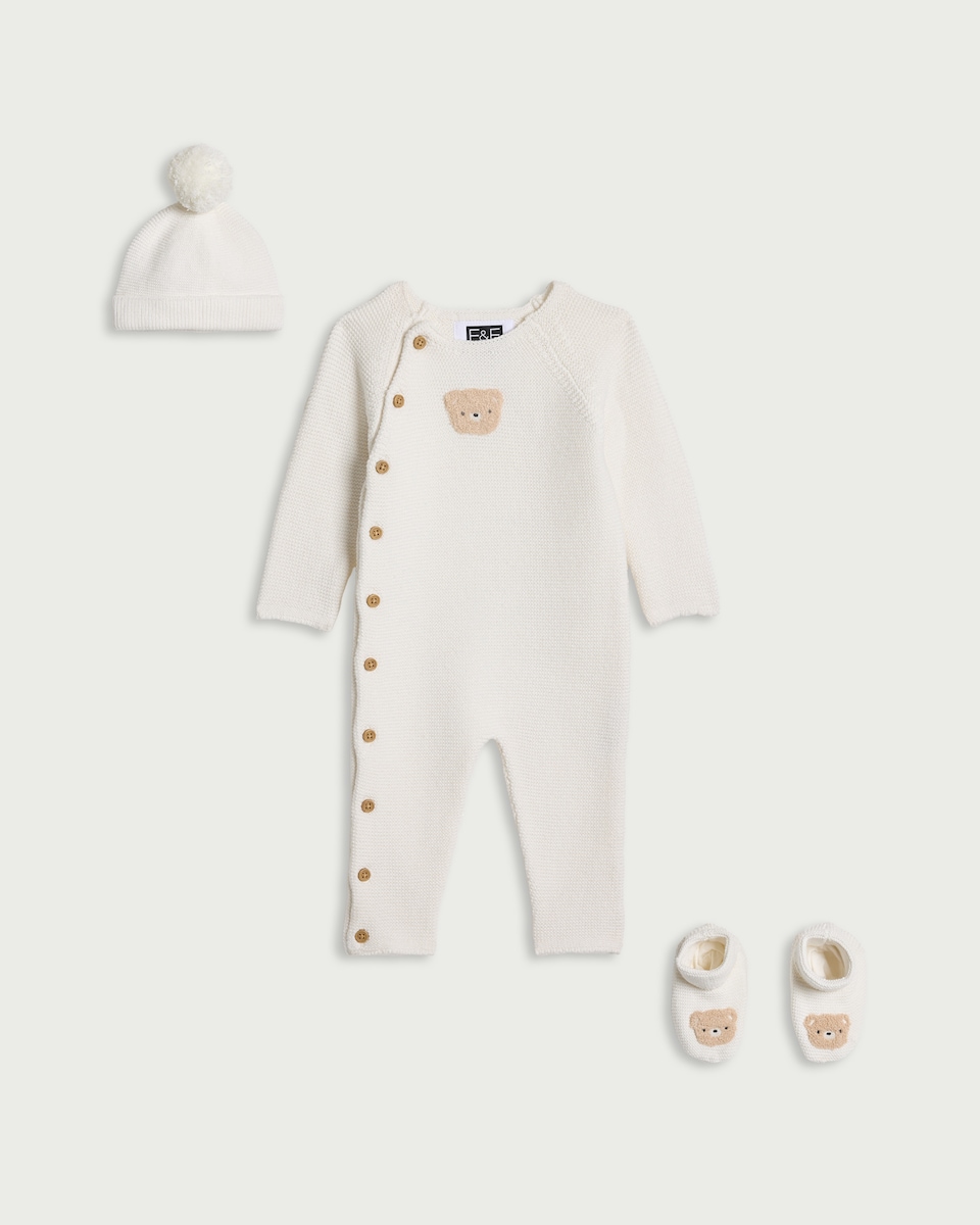 F&F Baby 3-Piece Pure Cotton Bear Knitted Romper, Hat and Bootie Set in White