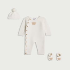 F&F Baby 3-Piece Pure Cotton Bear Knitted Romper, Hat and Bootie Set in White