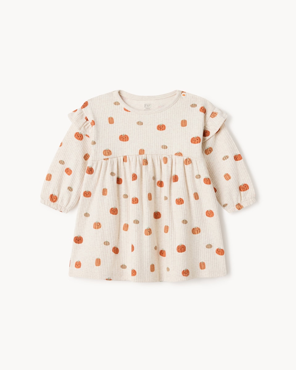 image 1 of F&F Baby Cotton Rich Ribbed Pumpkin Dress in Neutral