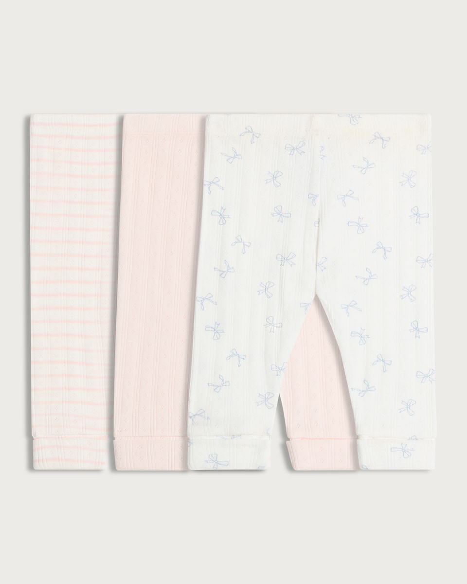 image 1 of F&F Baby 3-Pack Pure Cotton Textured Patterned Leggings in White