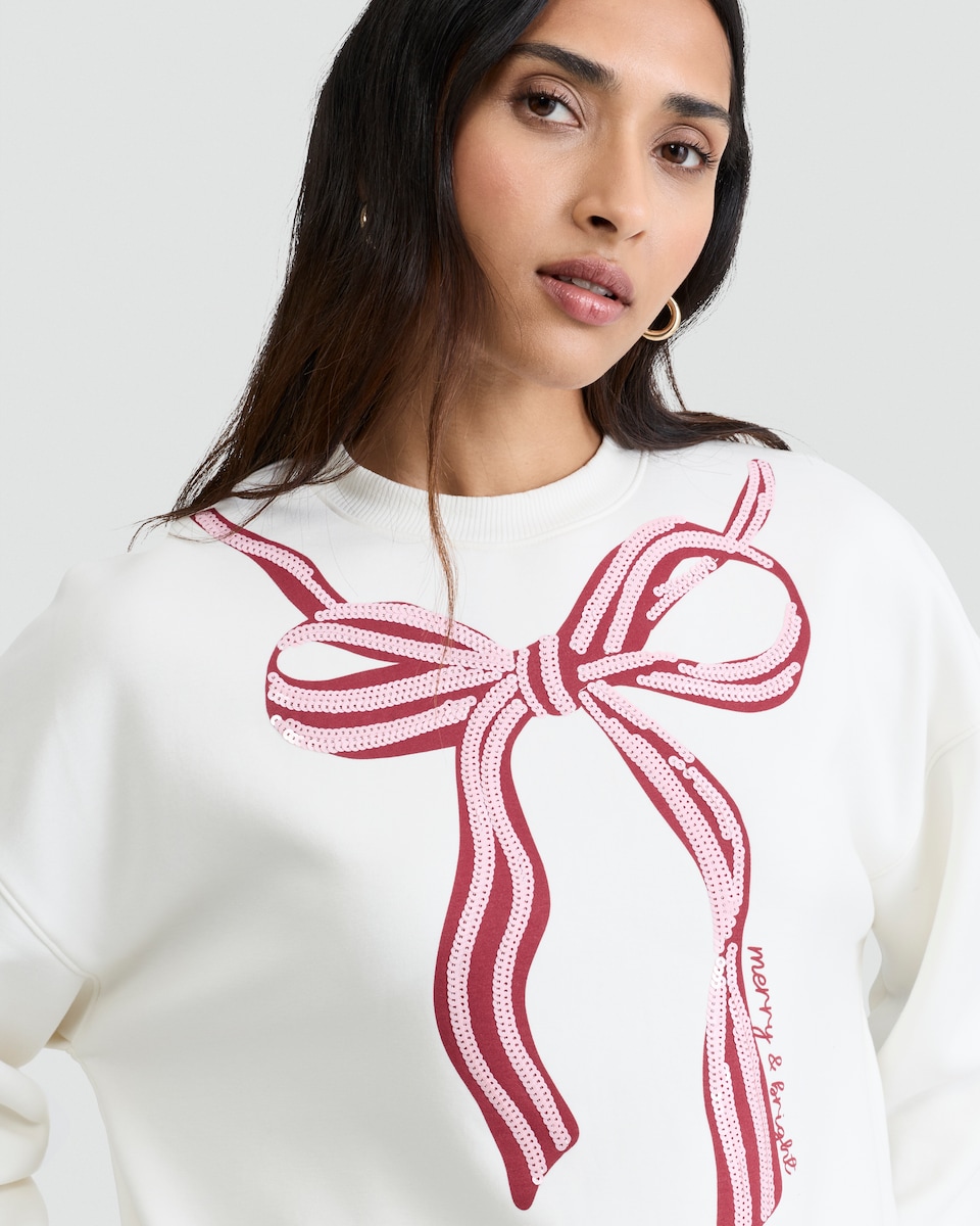 image 1 of F&F Merry & Bright Bow Sweatshirt in Cream