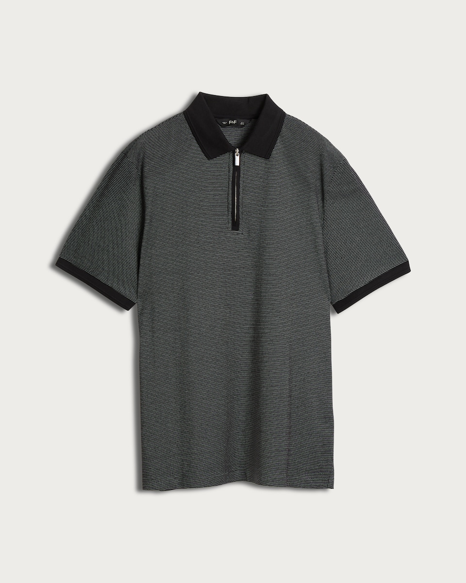 image 1 of F&F Cotton Rich Stripe Print Zip Neck Short Sleeved Polo Shirt in Black