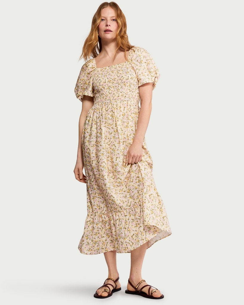 F&F Floral Puff Sleeved Smocked Midi Dress in Multi Green